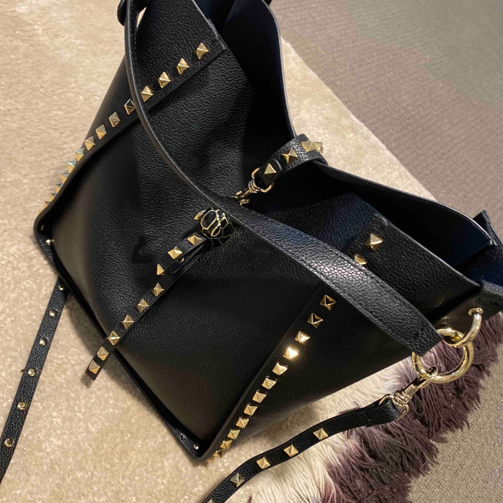 Gold Studded Black Crossbody Bucket Bag